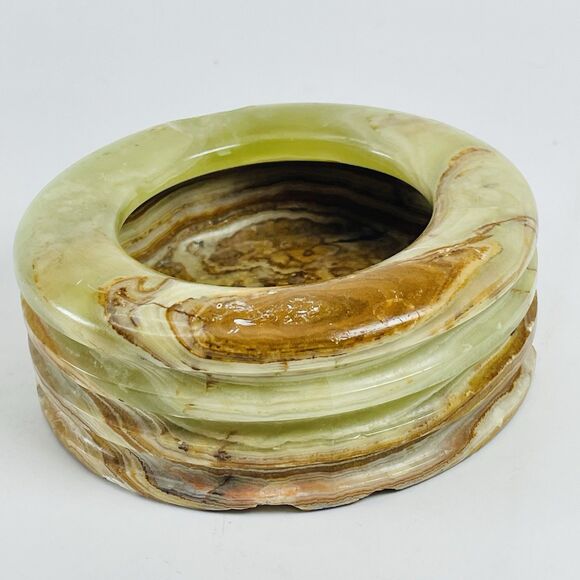 Stone Marble Onyx Green Brown Ashtray Trinket Dish Retro Heavy Vintage MCM 4in - Picture 7 of 12